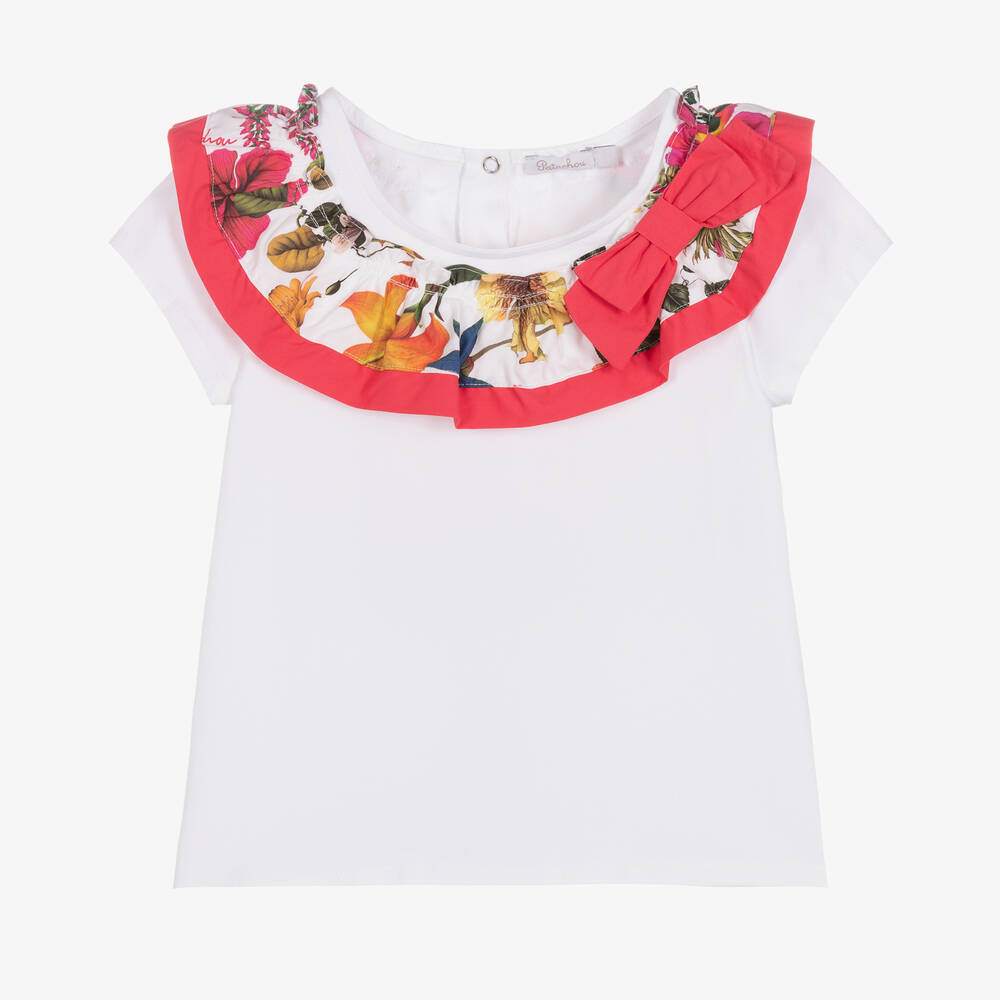 Patachou - Girls White Cotton Ruffle T-Shirt | Childrensalon