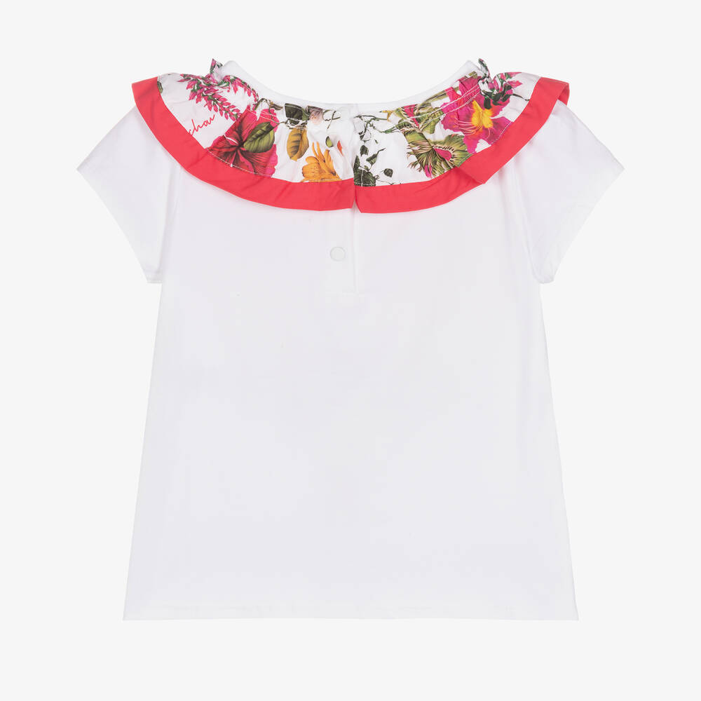 Patachou-Girls White Cotton Ruffle T-Shirt | Childrensalon Outlet