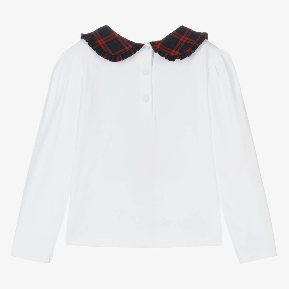 Patachou-Girls White Cotton Tartan Collar Top | Childrensalon Outlet