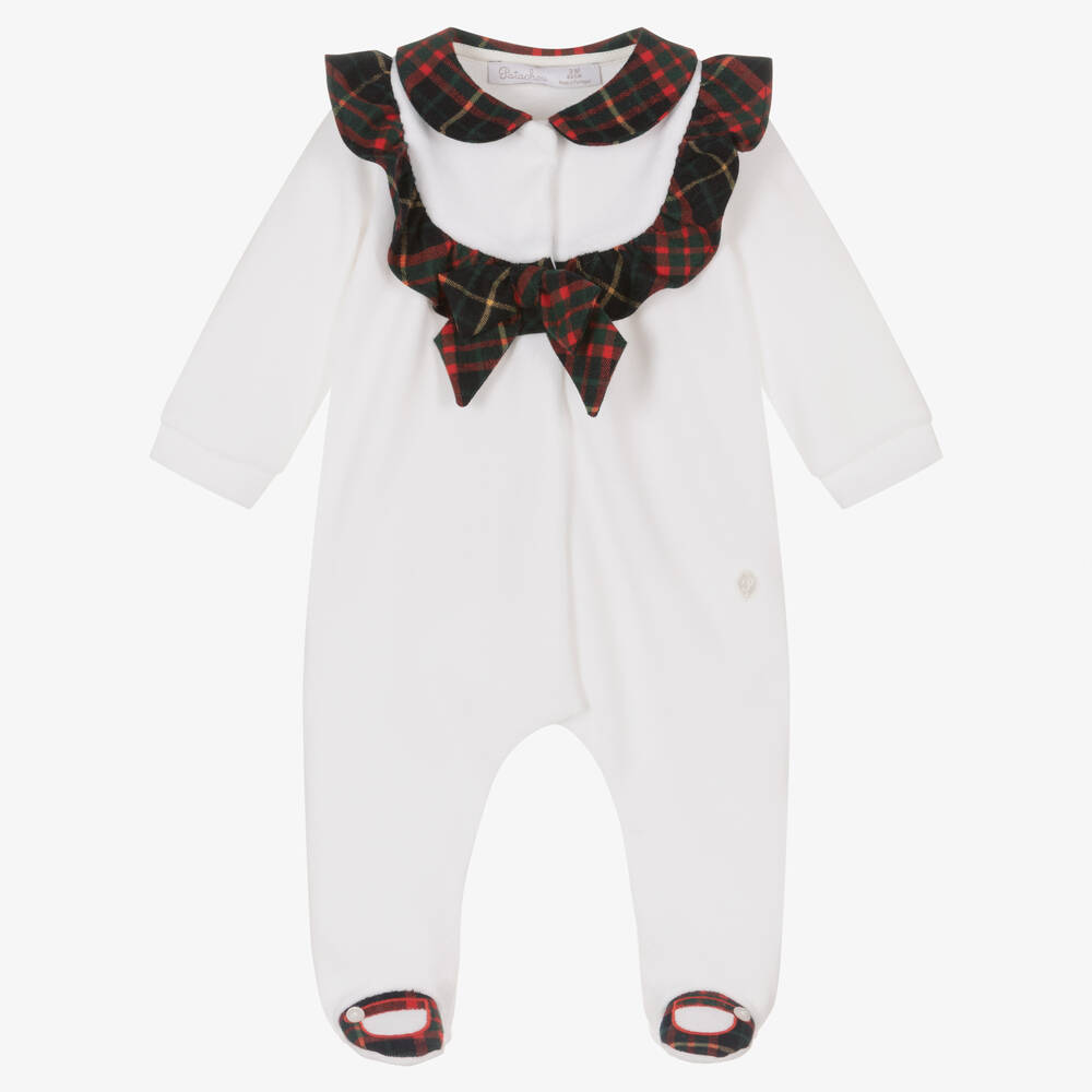 Patachou - Girls White Cotton Velour & Tartan Babygrow | Childrensalon