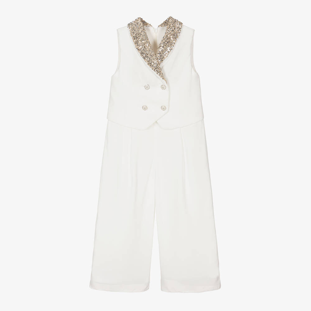 Patachou-Girls White Crêpe & Sequin Jumpsuit | Childrensalon Outlet