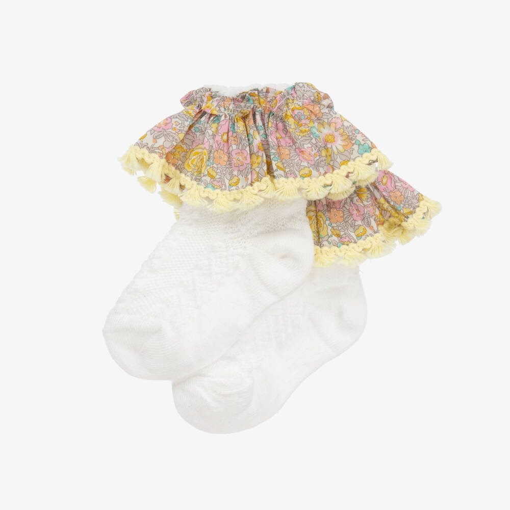 Patachou-Girls' White Floral Ruffle Socks | Childrensalon Outlet
