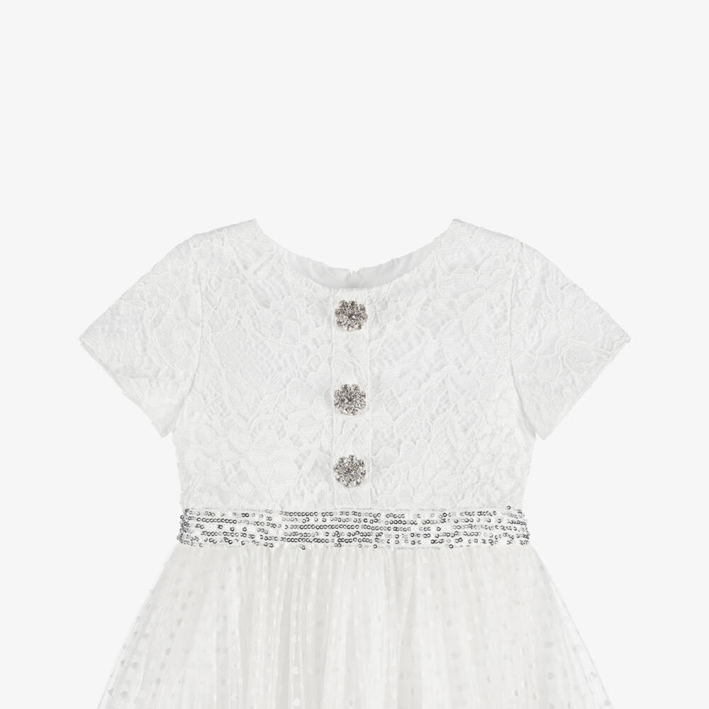 Patachou-Girls White Lace & Tulle Dress with Diamanté Buttons | Childrensalon Outlet