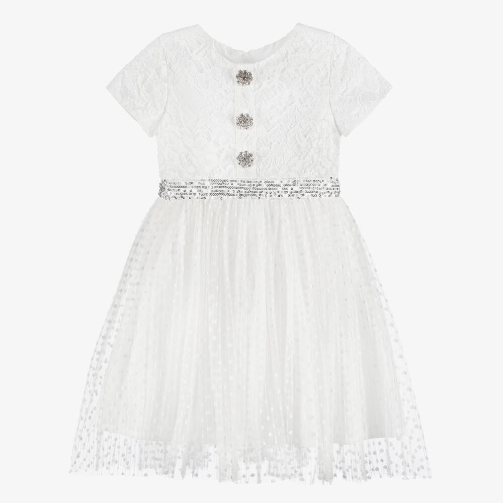 Patachou-Girls White Lace & Tulle Dress with Diamanté Buttons | Childrensalon Outlet