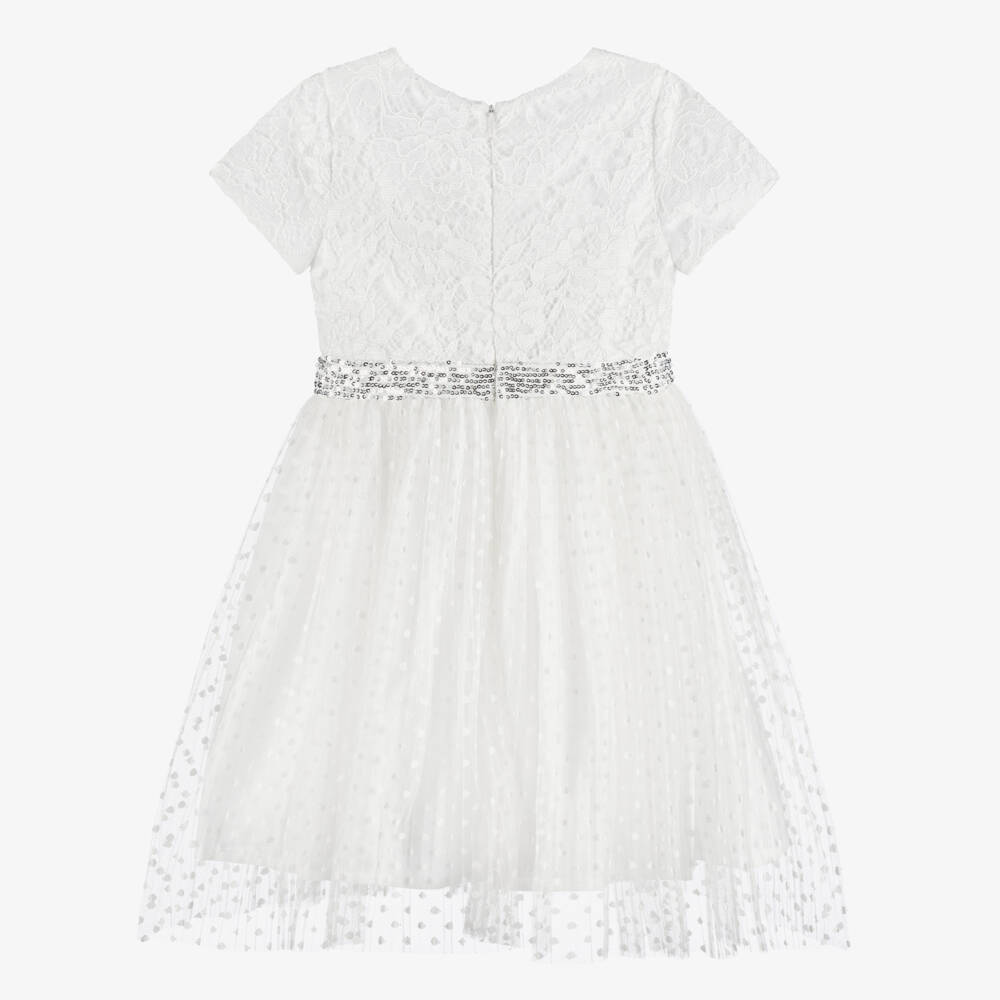 Patachou-Girls White Lace & Tulle Dress with Diamanté Buttons | Childrensalon Outlet