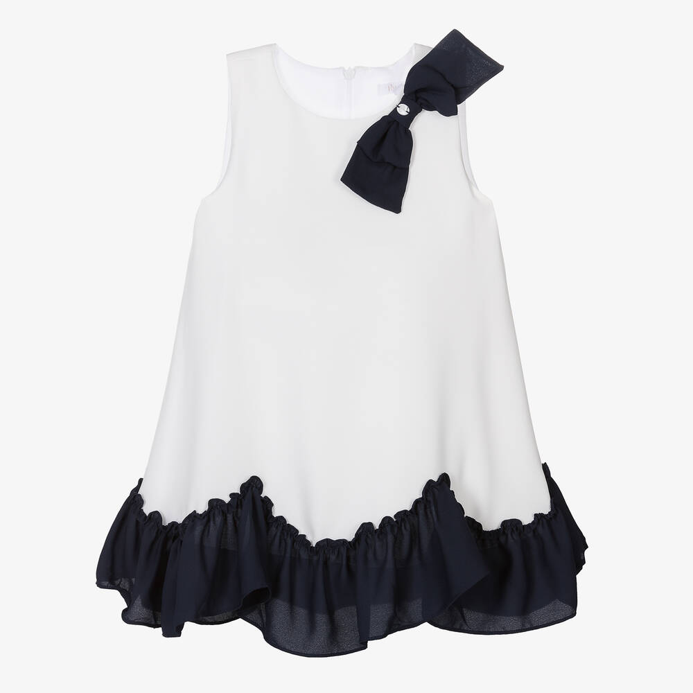 Patachou-Girls White & Navy Blue Chiffon Bow Dress | Childrensalon Outlet