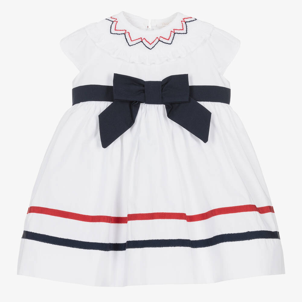 Patachou-Girls White & Navy Blue Cotton Dress | Childrensalon Outlet