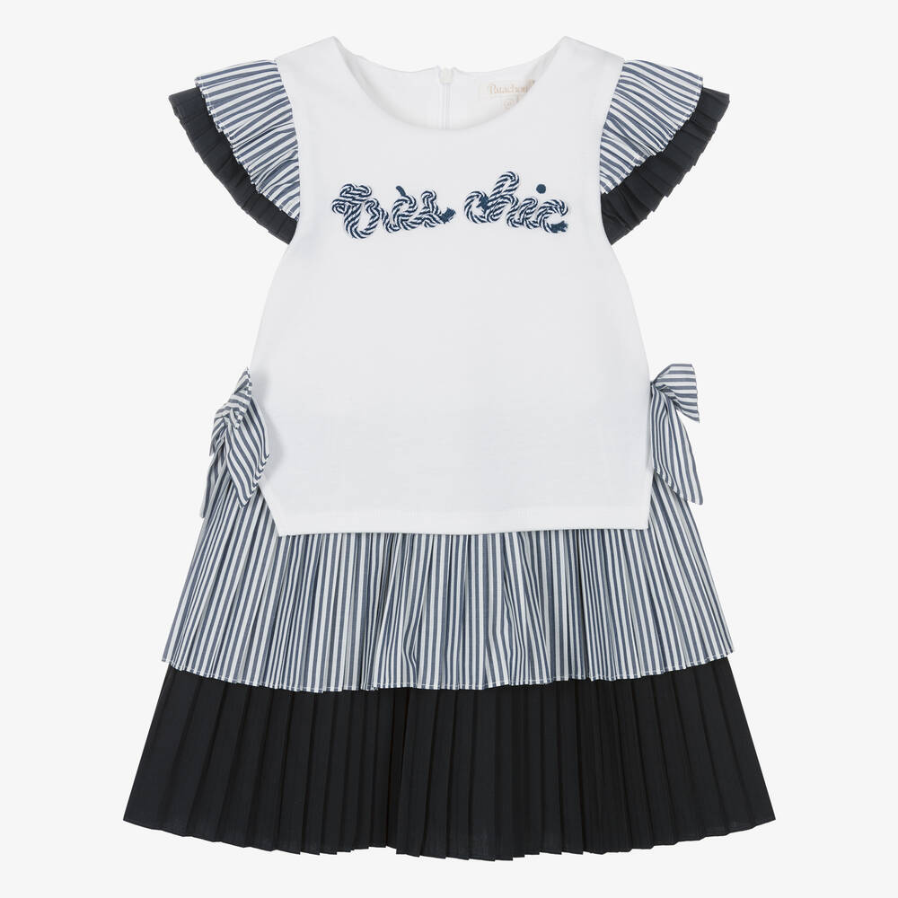 Patachou-Girls White & Navy Blue Nautical Cotton Dress | Childrensalon Outlet
