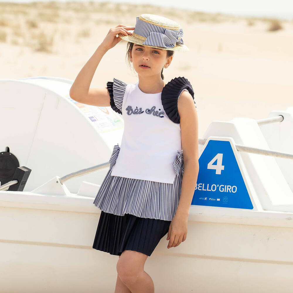 Patachou-Girls White & Navy Blue Nautical Cotton Dress | Childrensalon Outlet