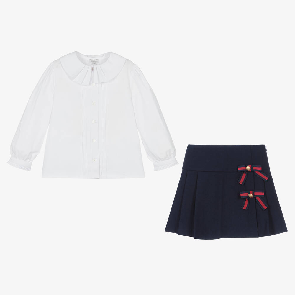 Patachou - Girls White & Navy Blue Skirt Set | Childrensalon