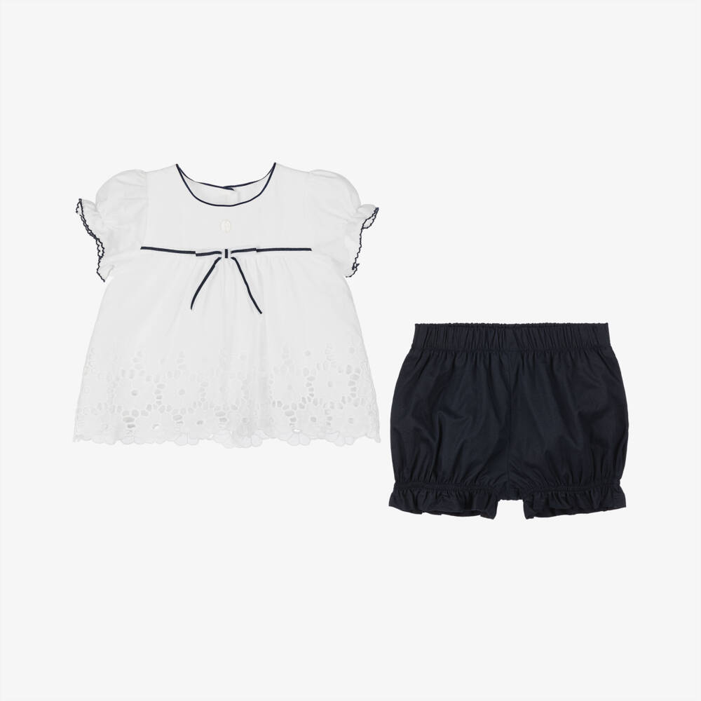Patachou-Girls White & Navy Eyelet Ensemble | Childrensalon Outlet