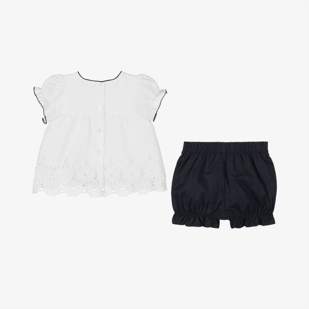 Patachou-Girls White & Navy Eyelet Ensemble | Childrensalon Outlet