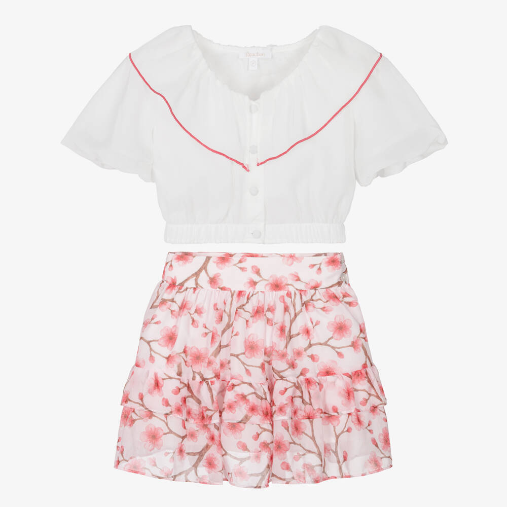 Patachou-Girls White & Pink Cherry Blossom Chiffon Skirt Set | Childrensalon Outlet