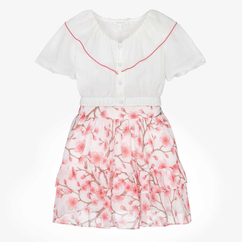 Patachou-Girls White & Pink Cherry Blossom Chiffon Skirt Set | Childrensalon Outlet