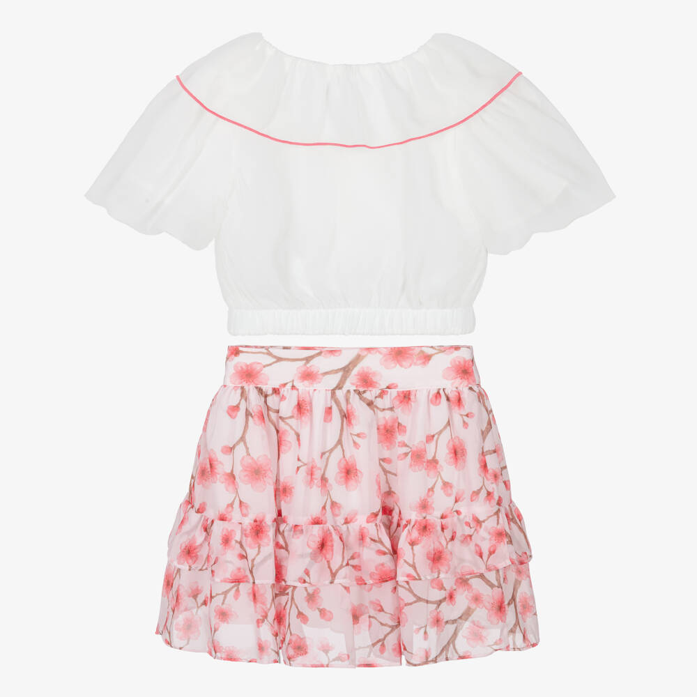 Patachou-Girls White & Pink Cherry Blossom Chiffon Skirt Set | Childrensalon Outlet