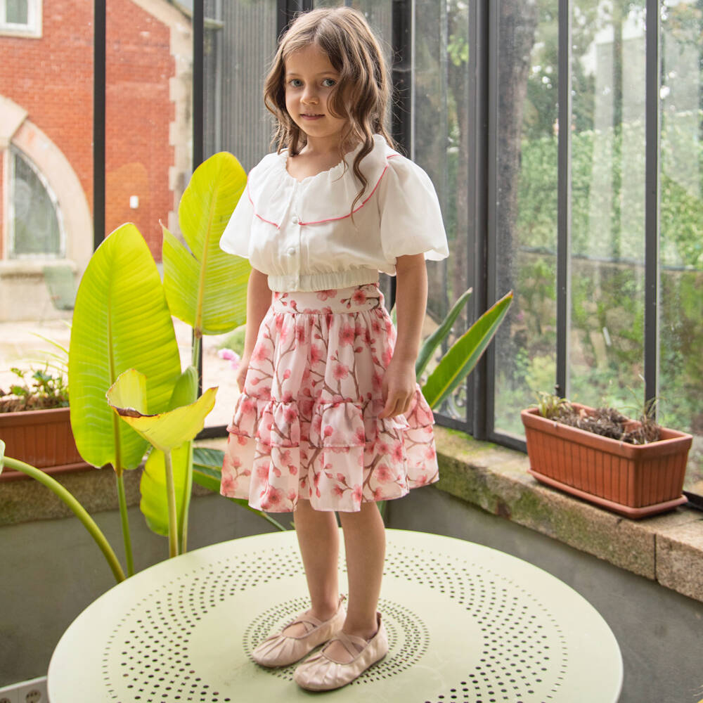 Patachou-Girls White & Pink Cherry Blossom Chiffon Skirt Set | Childrensalon Outlet