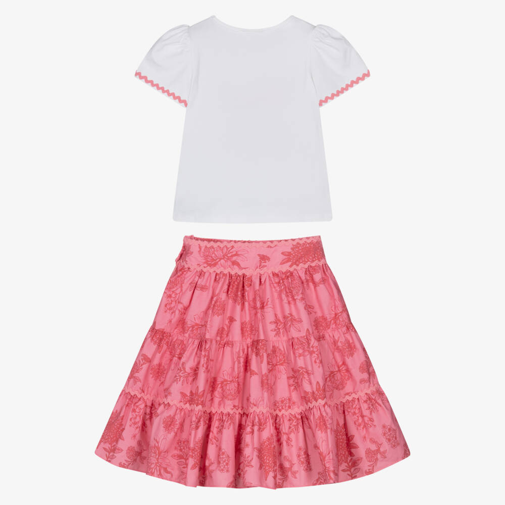 Patachou-Girls White & Pink Cotton Floral Skirt Set | Childrensalon Outlet