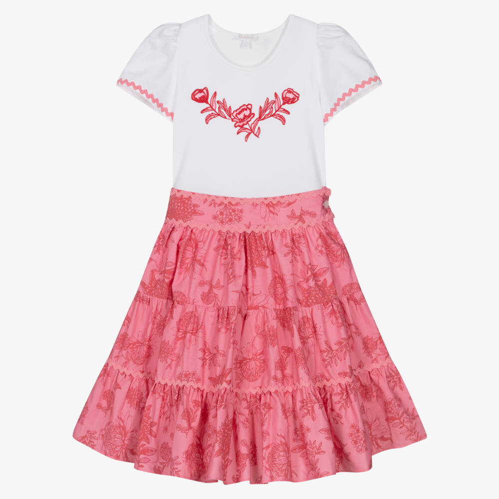 Patachou-Girls White & Pink Cotton Floral Skirt Set | Childrensalon Outlet