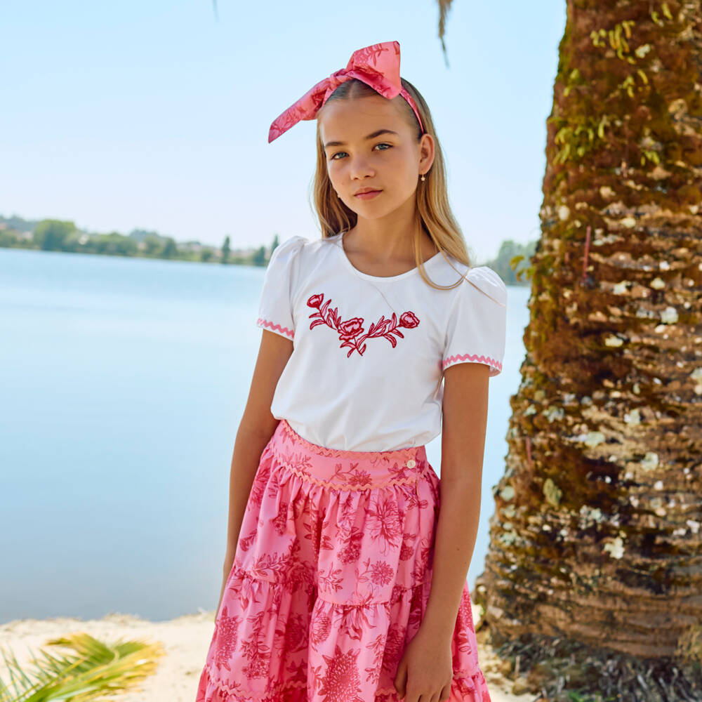 Patachou-Girls White & Pink Cotton Floral Skirt Set | Childrensalon Outlet