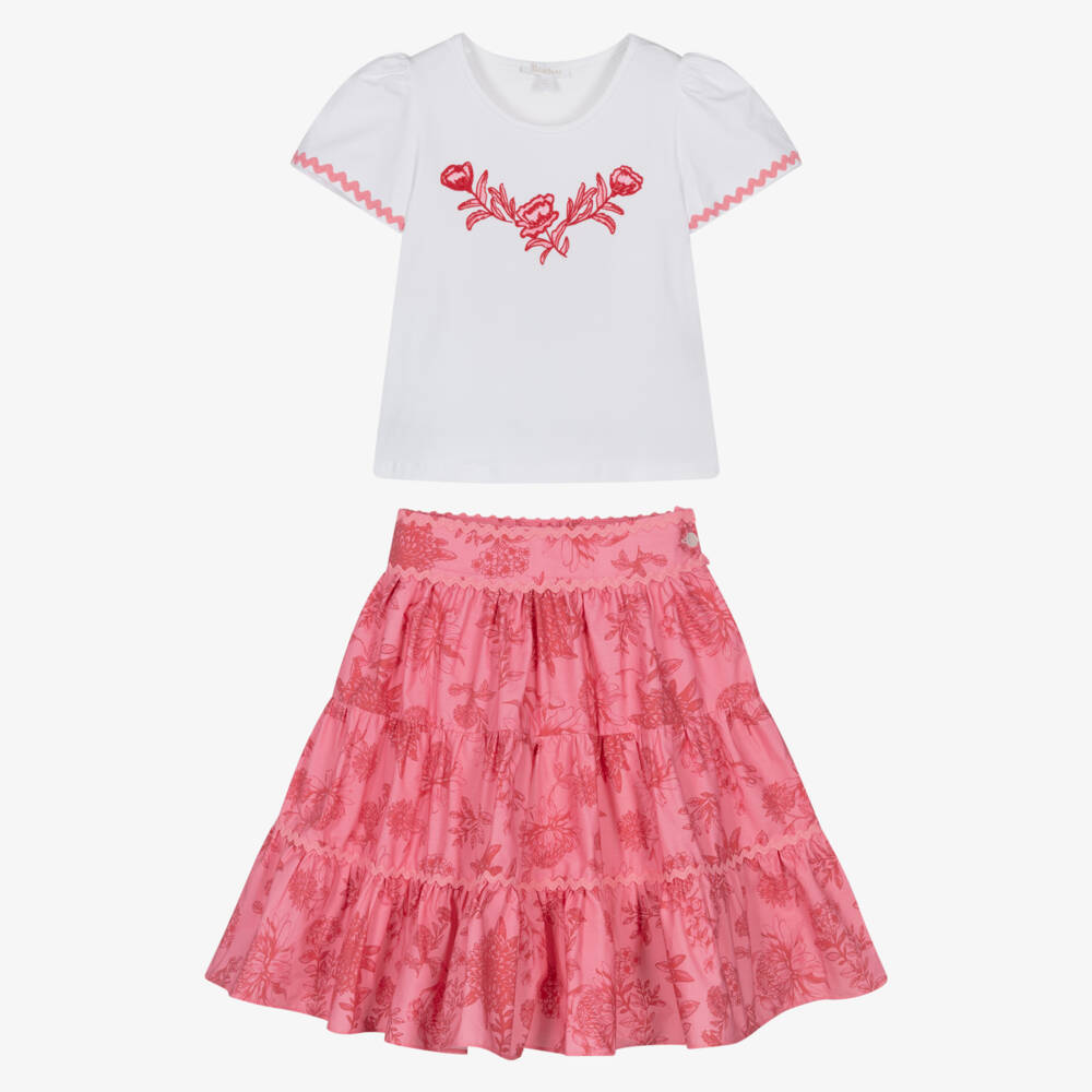 Patachou-Girls White & Pink Cotton Floral Skirt Set | Childrensalon Outlet