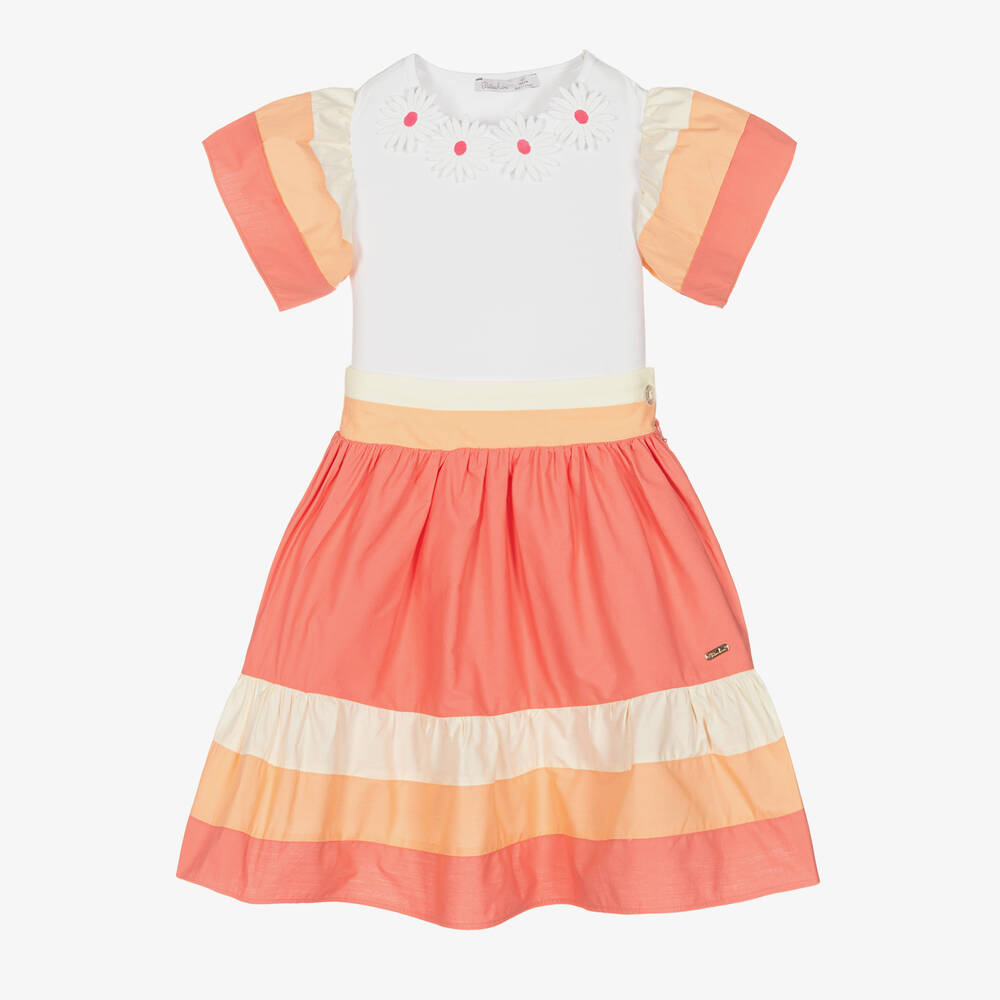 Patachou - Girls White & Pink Cotton Skirt Set | Childrensalon