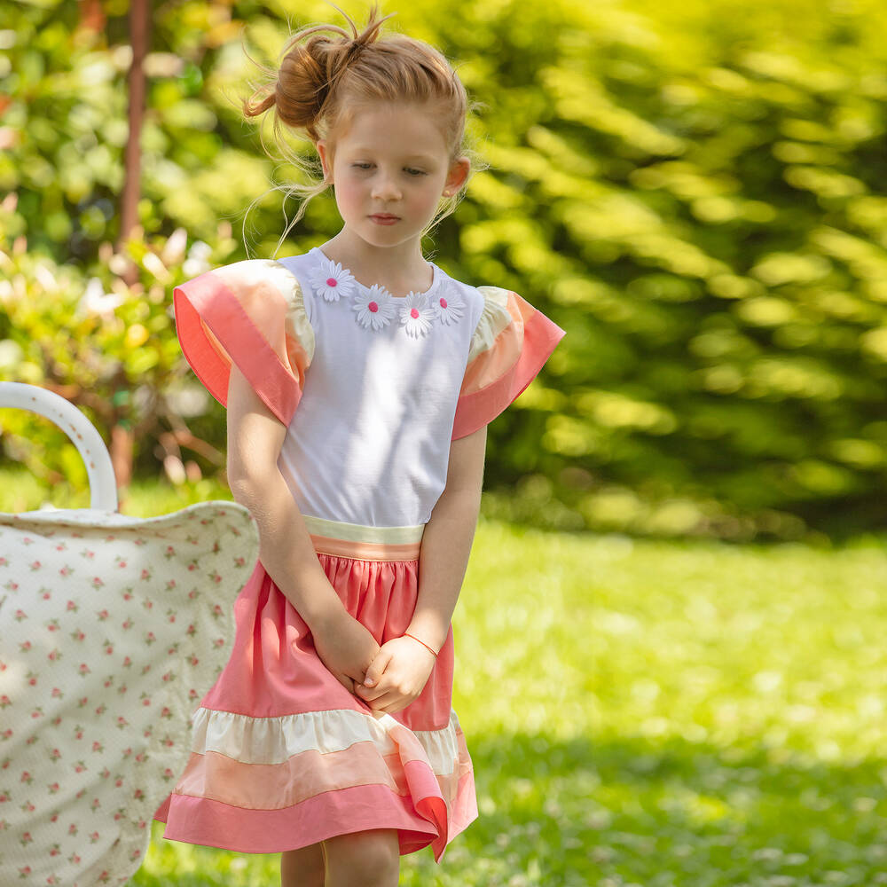 Patachou-Girls White & Pink Cotton Skirt Set | Childrensalon Outlet