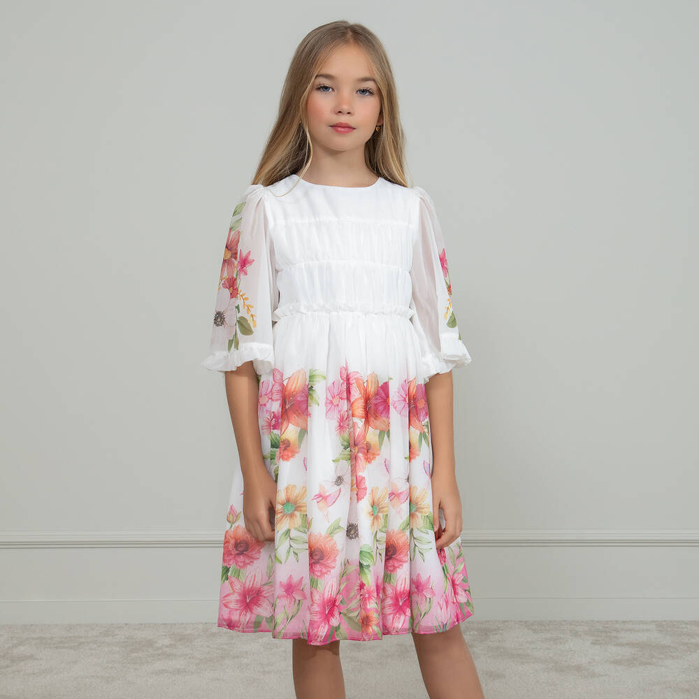 Patachou-Girls White & Pink Floral Chiffon Dress | Childrensalon Outlet