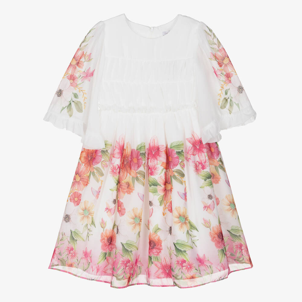 Patachou - Girls White & Pink Floral Chiffon Dress | Childrensalon