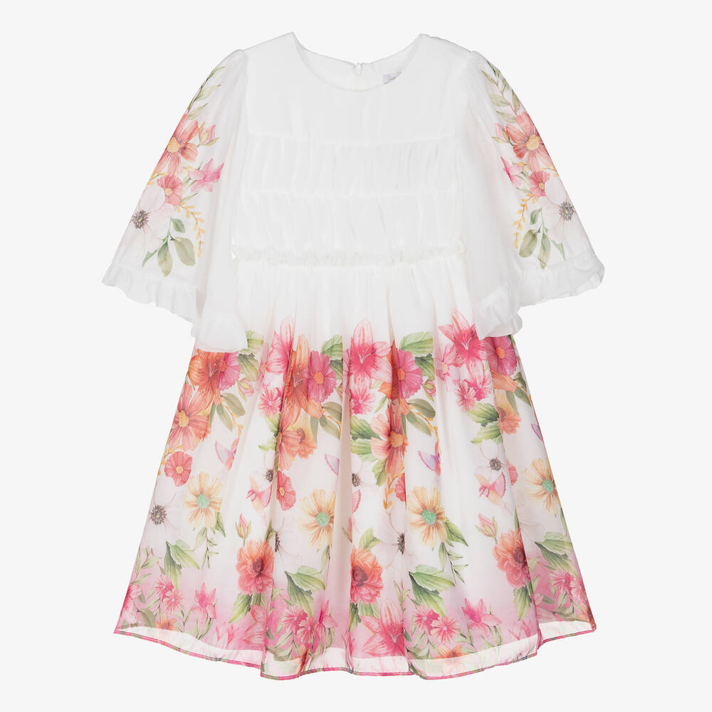 Patachou-Girls White & Pink Floral Chiffon Dress | Childrensalon Outlet