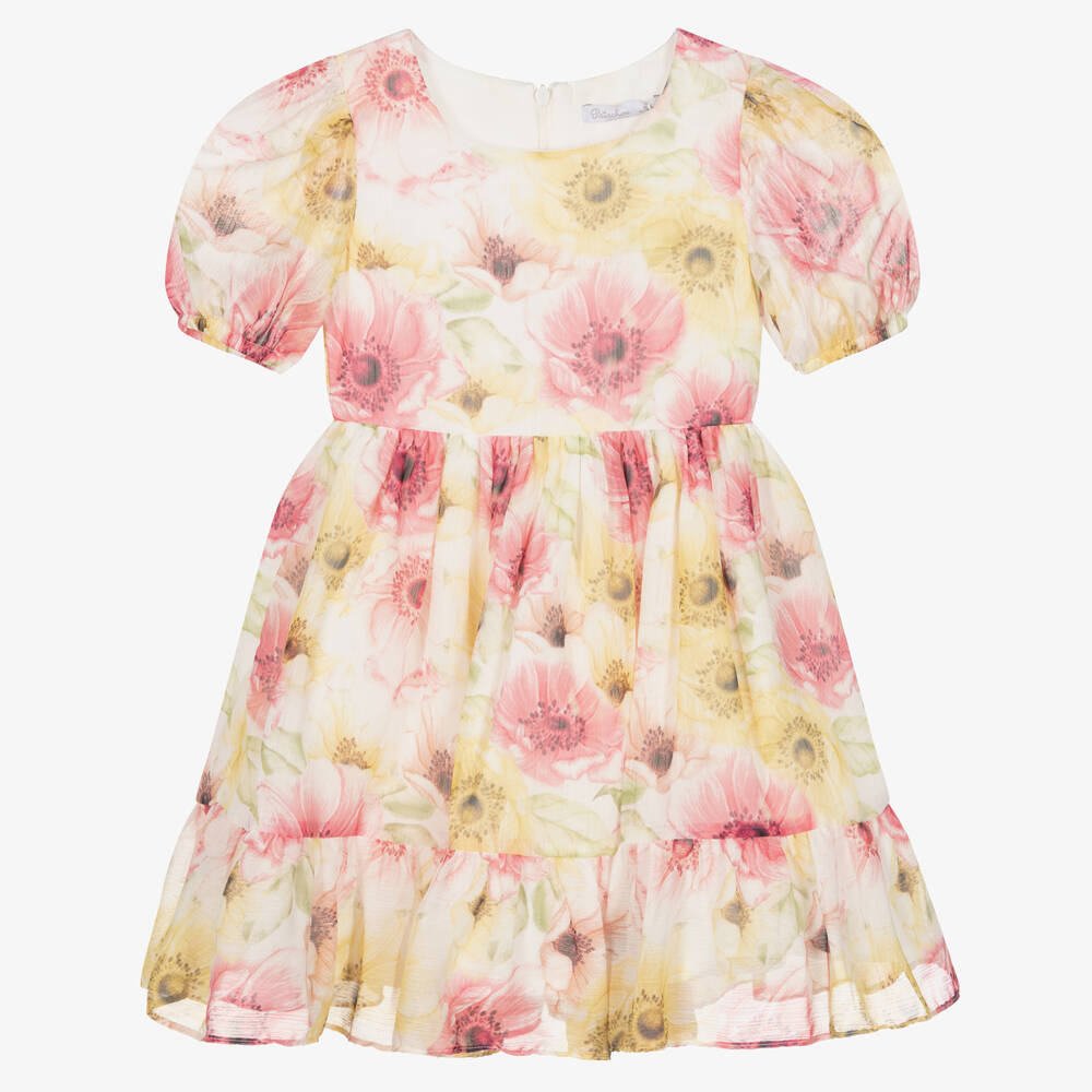 Patachou - Girls White & Pink Floral Chiffon Dress | Childrensalon