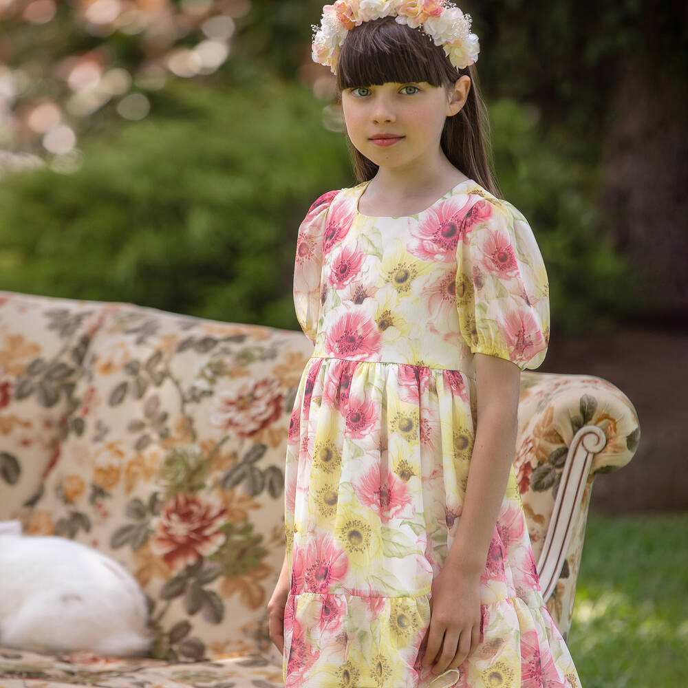 Patachou-فستان شيفون لون زهري وأبيض بطبعة ورود | Childrensalon Outlet