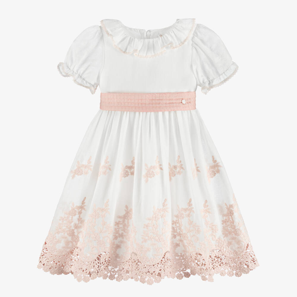 Patachou-Girls White & Pink Floral Embroidered Dress | Childrensalon Outlet