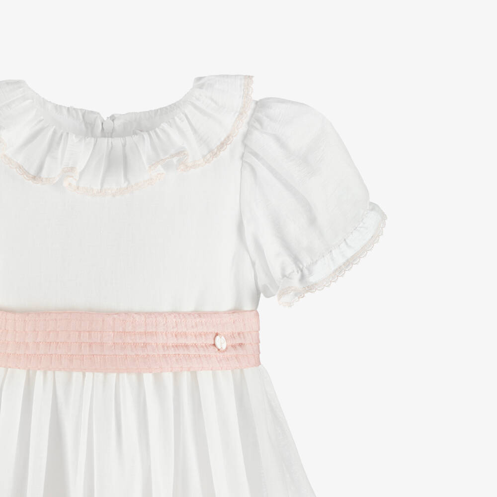 Patachou-Girls White & Pink Floral Embroidered Dress | Childrensalon Outlet