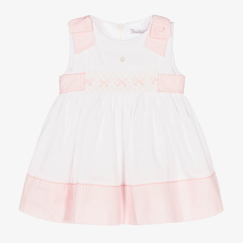Patachou - Girls White & Pink Smocked Cotton Dress | Childrensalon