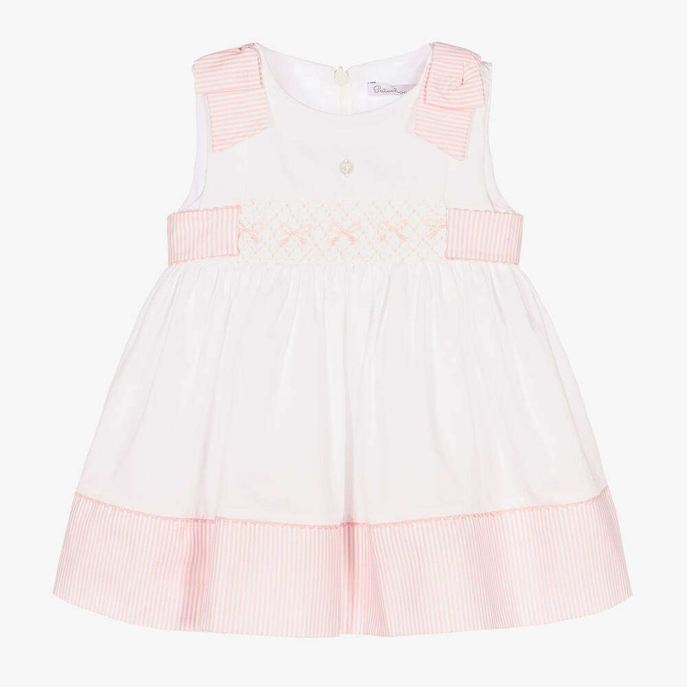 Patachou - Gesmoktes Baumwollkleid weiß/rosa | Childrensalon