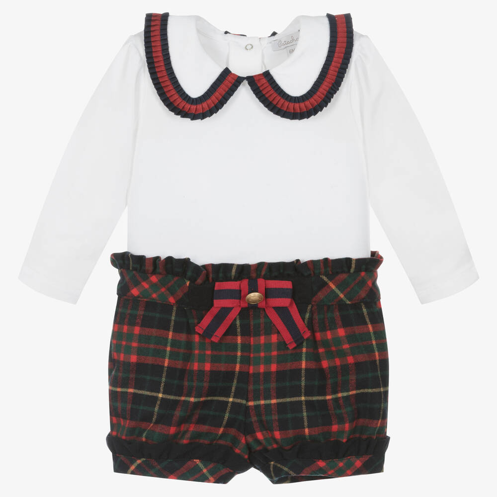 Patachou - Girls White & Red Tartan Shorts Set | Childrensalon