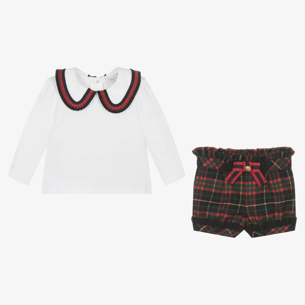 Patachou-Girls White & Red Tartan Shorts Set | Childrensalon Outlet