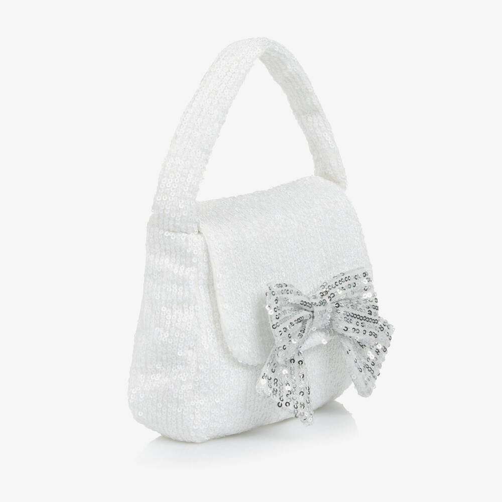 Patachou-Girls White Sequinned Tulle Bag with Silver Bow (16cm) | Childrensalon Outlet