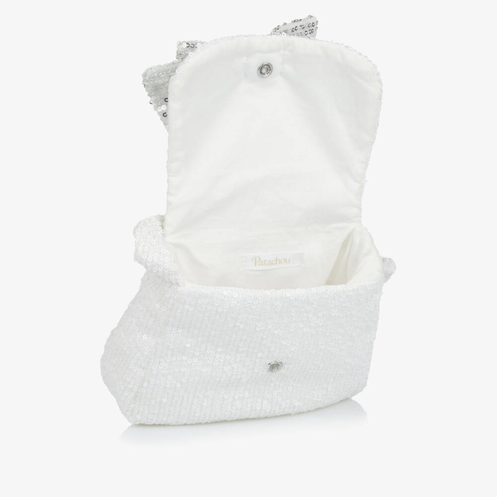 Patachou-Girls White Sequinned Tulle Bag with Silver Bow (16cm) | Childrensalon Outlet