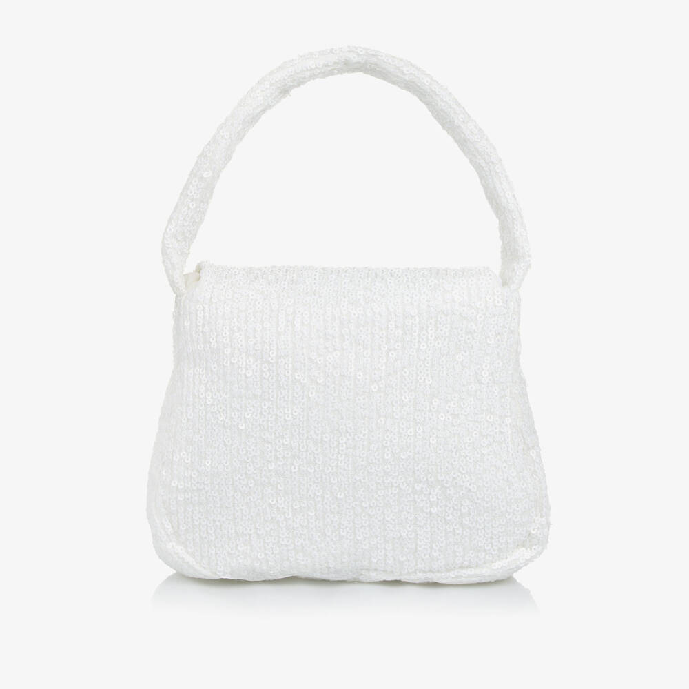Patachou-Girls White Sequinned Tulle Bag with Silver Bow (16cm) | Childrensalon Outlet