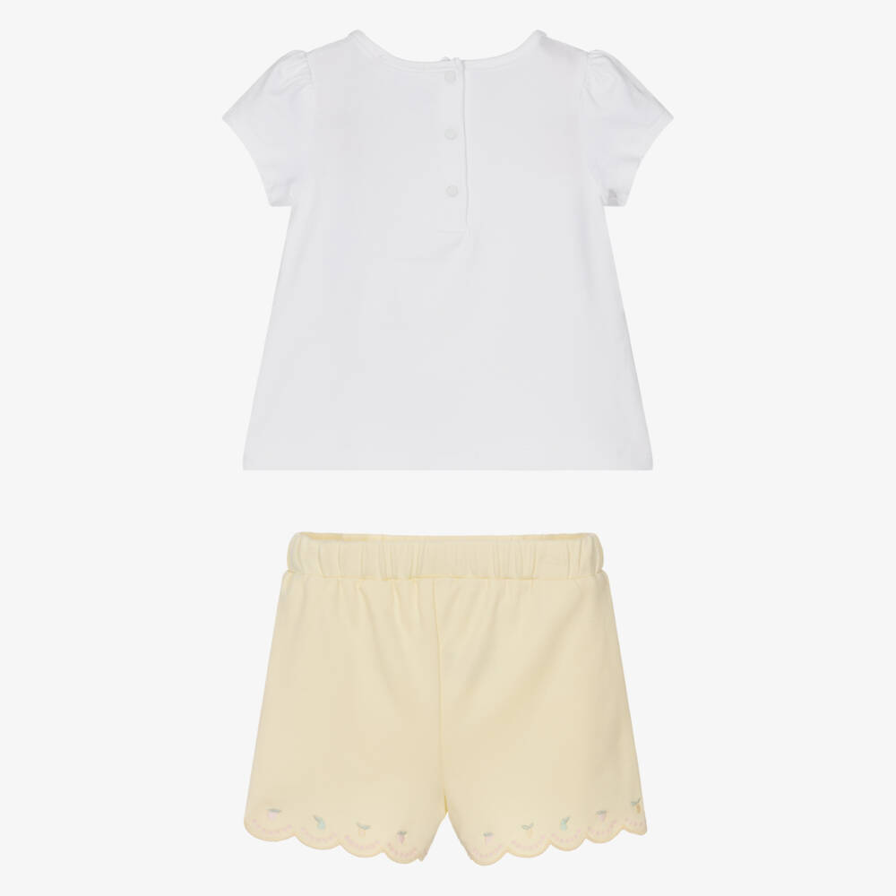 Patachou-Girls White & Yellow Cotton Embroidered Jersey Shorts Set | Childrensalon Outlet