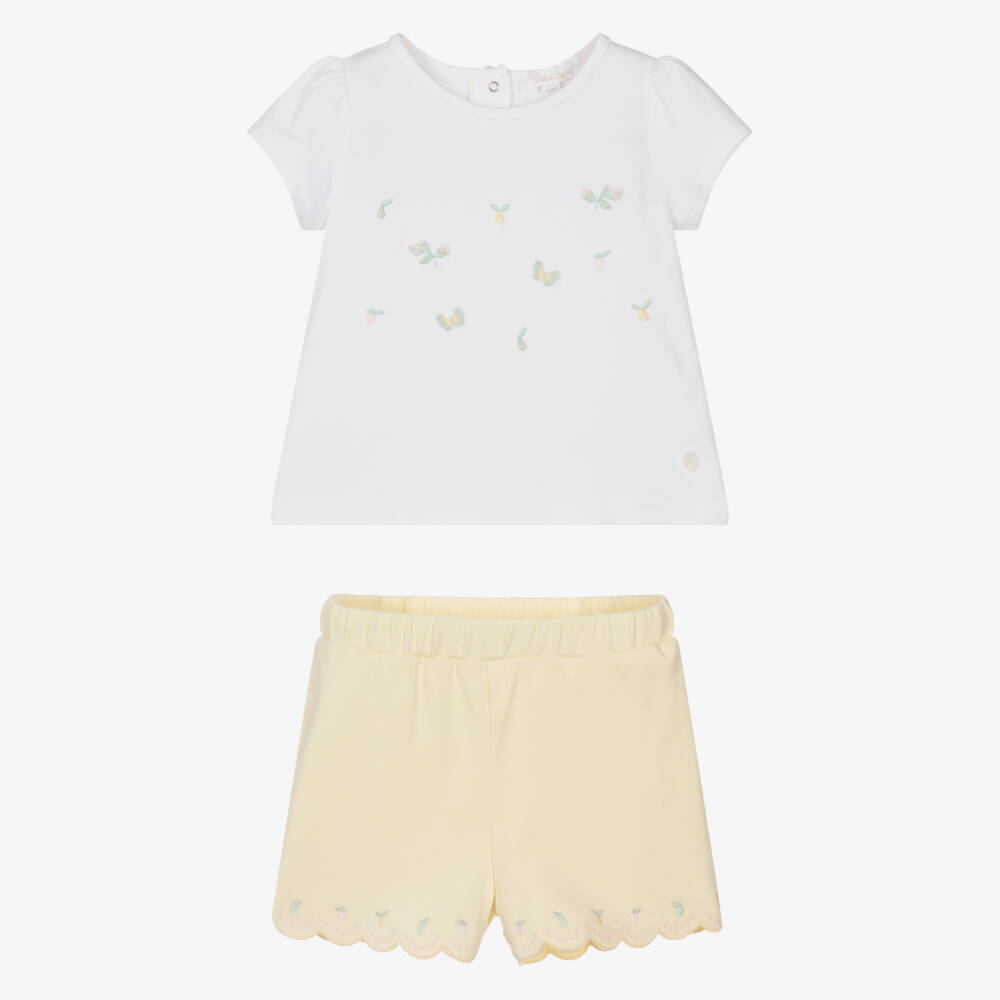 Patachou-Girls White & Yellow Cotton Embroidered Jersey Shorts Set | Childrensalon Outlet