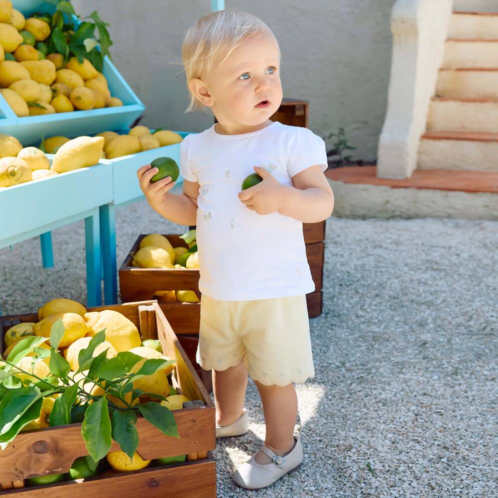 Patachou-Girls White & Yellow Cotton Embroidered Jersey Shorts Set | Childrensalon Outlet