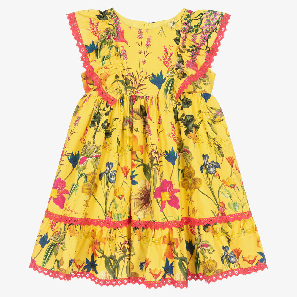 Patachou - Girls Yellow Botanical Cotton Dress | Childrensalon