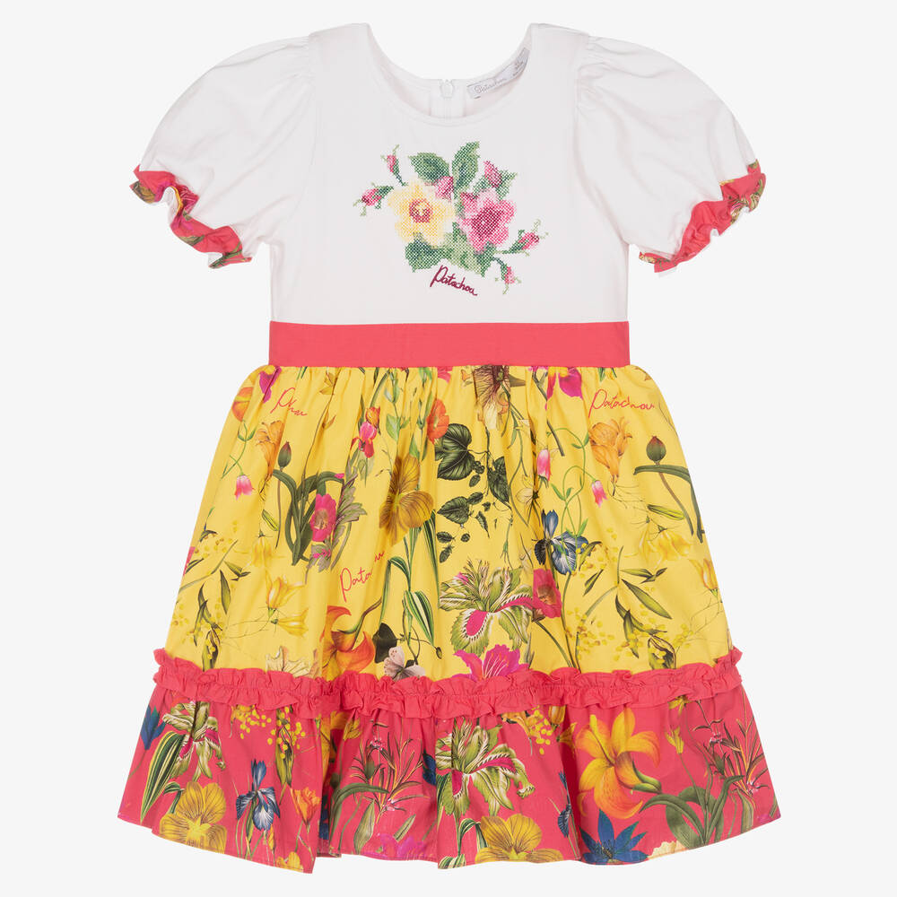 Patachou - Girls Yellow Botanical Cotton Dress | Childrensalon