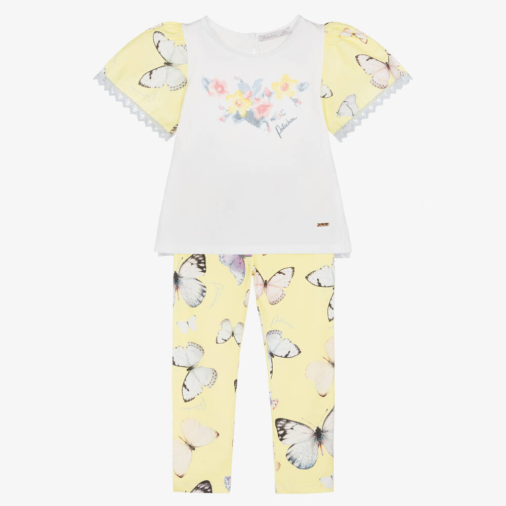 Patachou-Girls Yellow Butterflies Top & Leggings Set | Childrensalon Outlet