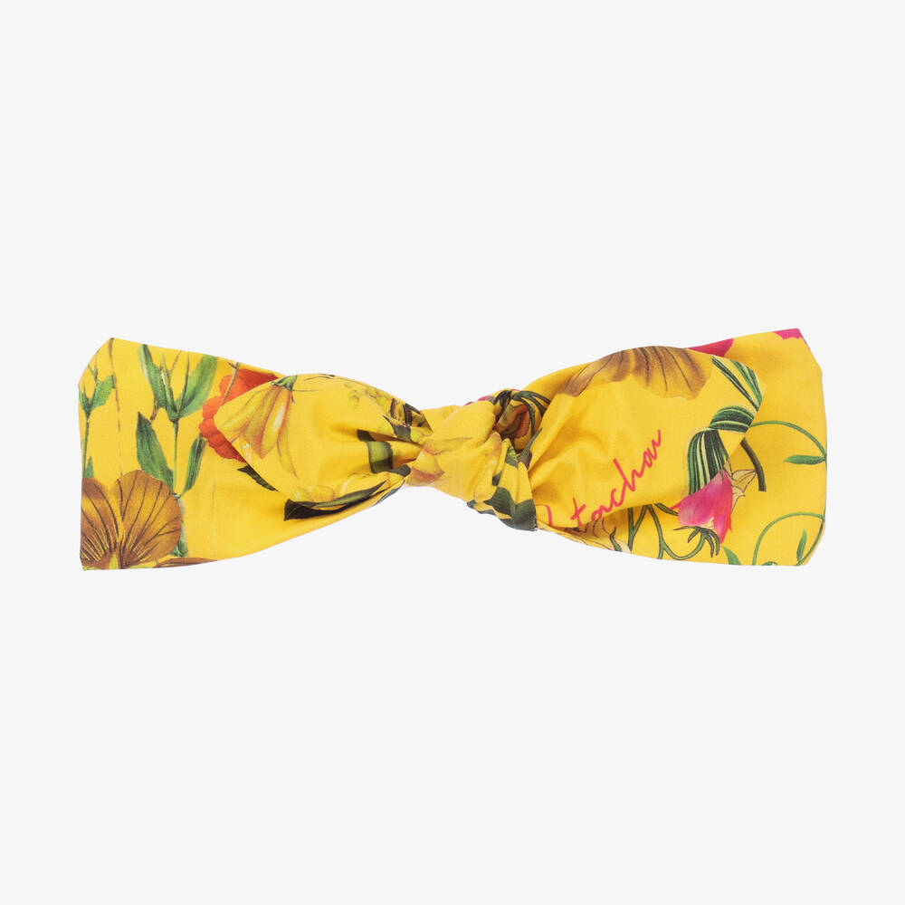 Patachou - Girls Yellow Cotton Botanical Bow Headband | Childrensalon