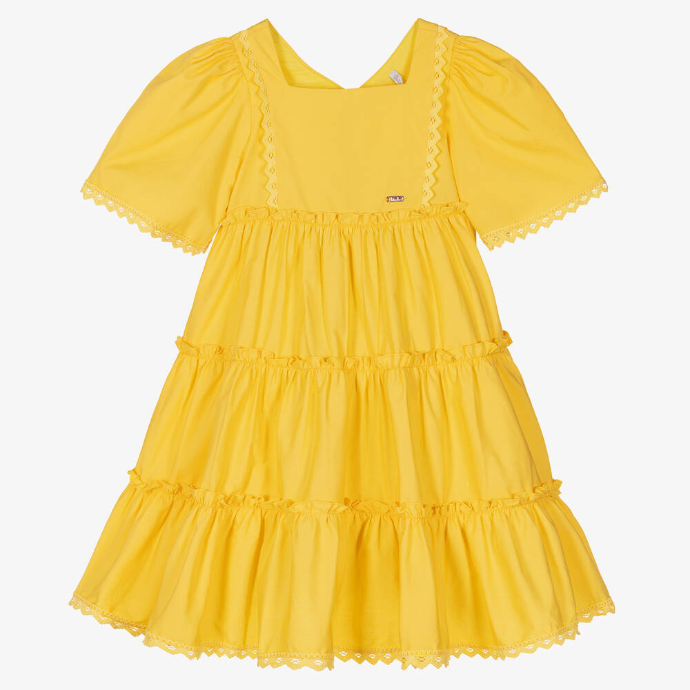 Patachou - Girls Yellow Cotton Poplin Tiered Dress | Childrensalon