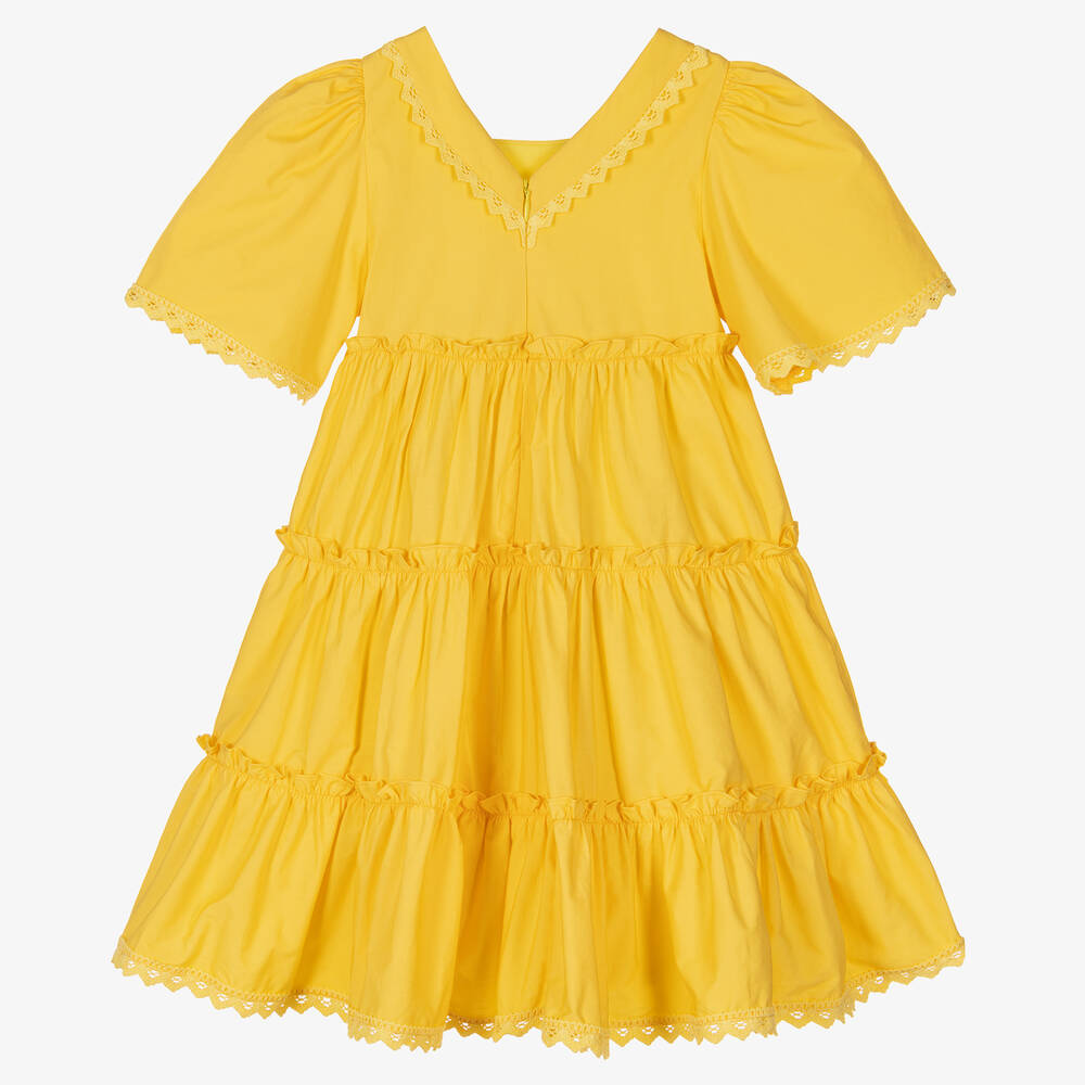 Patachou-Girls Yellow Cotton Poplin Tiered Dress | Childrensalon Outlet
