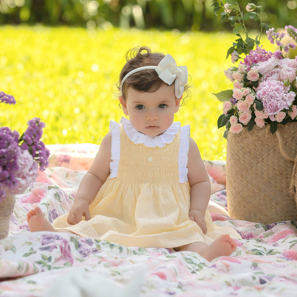 Patachou-Girls Yellow Cotton Seersucker Dress | Childrensalon Outlet
